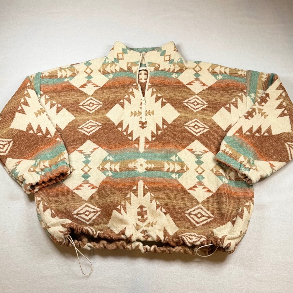 New In Womens Southwest Geometric Quarter Zip Pullover Brown Teal 1X NT11854X